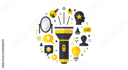 Flashlight with Innovation and Strategy Icons Illustration - Creative Business Concept for Discovery Insight and Problem Solving Flat Vector Design