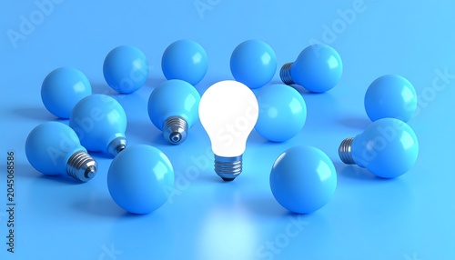 Unique Glowing Light Bulb Among Blue Bulbs