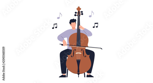 Man Playing Cello Flat Vector Illustration - Minimalist Musician Character with Musical Notes for Concert and Education Design