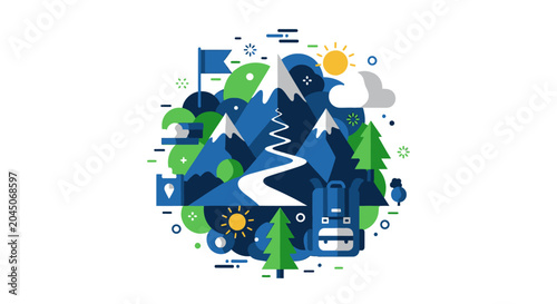 Minimalist Flat Vector Mountain Landscape for Adventure Travel and Hiking Exploration
