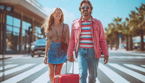 Happy young couple walking across a city street crosswalk with a red suitcase. Trendy man and woman traveling together, arriving at a summer vacation destination. Tourism concept
