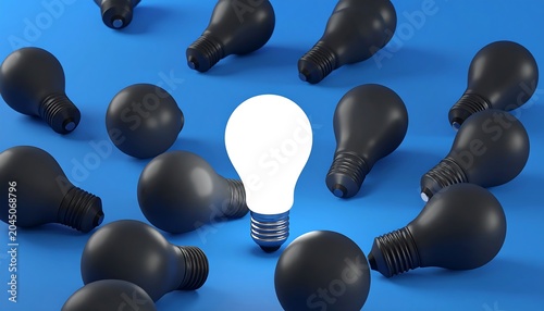 Unique Glowing White Light Bulb on Blue Surface