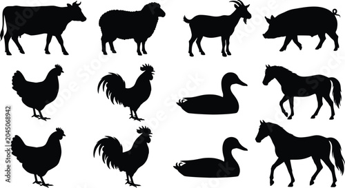 Foto Farm animal silhouette illustrations, cow sheep goat pig chicken rooster duck ho