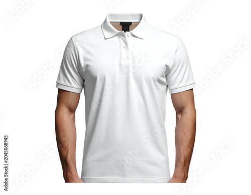 Crisp, white polo shirt on a man's torso with short sleeves