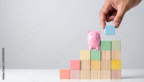Piggy bank atop colorful block staircase symbolizing financial growth