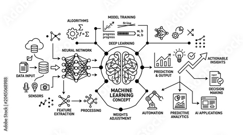 Complex Machine Learning Neural Network Diagram Illustration.