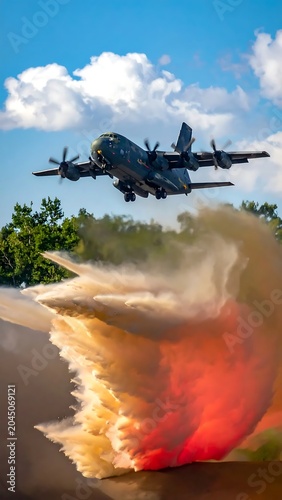 Military Cargo Aircraft Dropping Red Fire Retardant Over Forest Wildfire Area