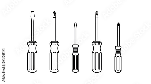 Set of Five Flathead Screwdrivers with Different Sizes and Handles for Mechanical and DIY Tasks.