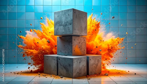 Concrete cubes with fiery explosion against blue tiled wall