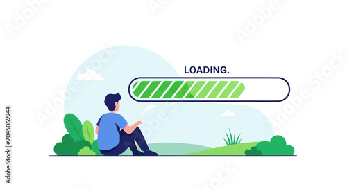 Man Sitting and Watching a Green Progress Loading Bar Illustration - Concept of Process, Waiting and Patience