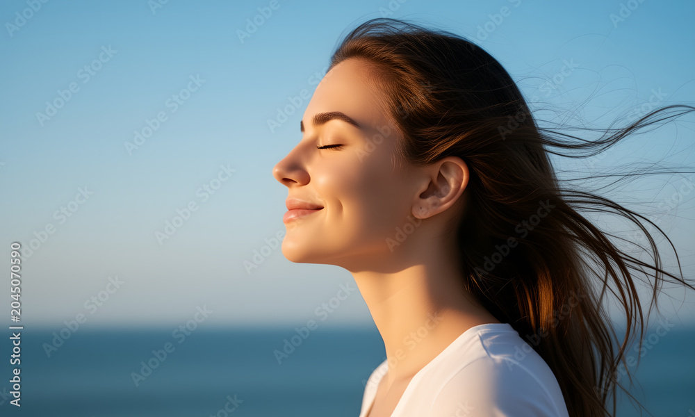 Obraz premium Young woman with closed eyes enjoying the gentle breeze on a sunny day outdoors
