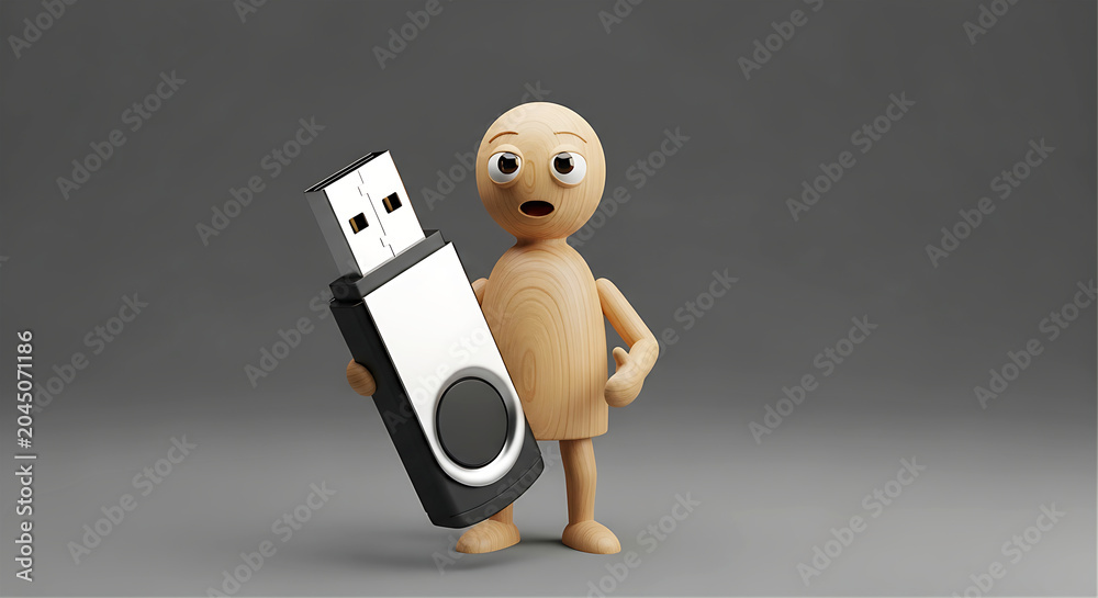 Fototapeta premium Hardware data storage and flash memory concept illustration with surprised wooden figure holding massive USB drive for computer tech blog banner