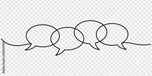 One line dialog. Talk messages, continuous line conversation and four speech bubbles hand drawn vector illustration, One line dialog. Talk messages, continuous line conversation and four speech bubble