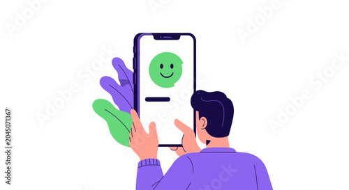 Customer Satisfaction Illustration: Man Giving Positive Feedback on Mobile Phone App with Green Smiley Face