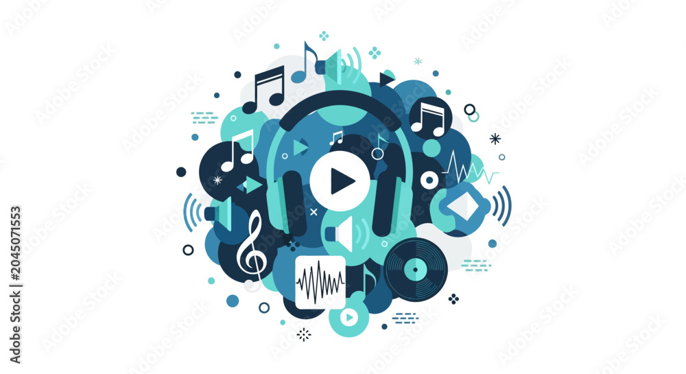 Obraz premium Abstract Music and Audio Concept Illustration with Headphones, Musical Notes, and Digital Icons in Blue Palette