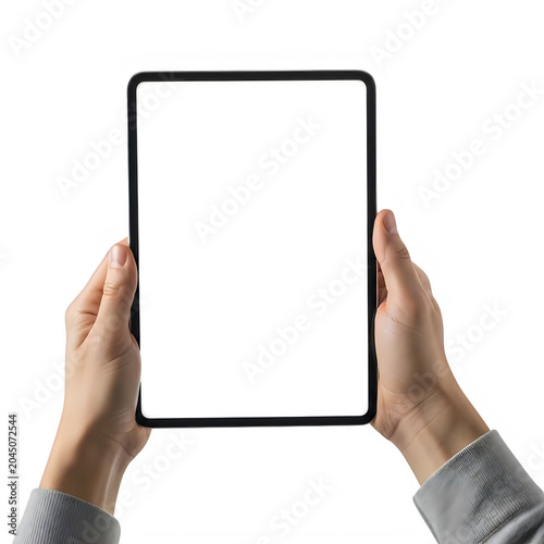 Hands holding a blank tablet device isolated on white background