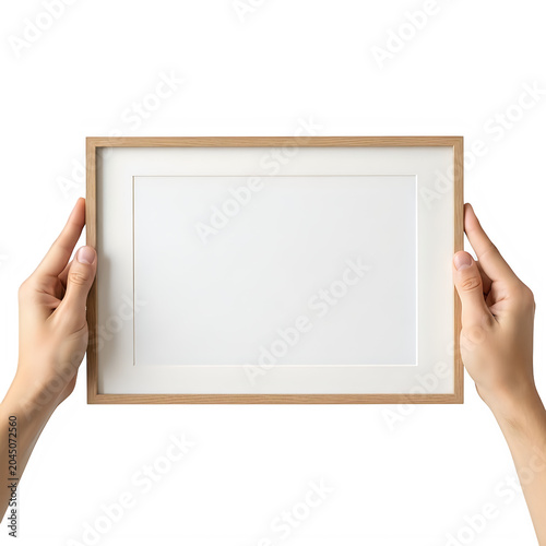 Hands holding a blank wooden picture frame isolated on white background