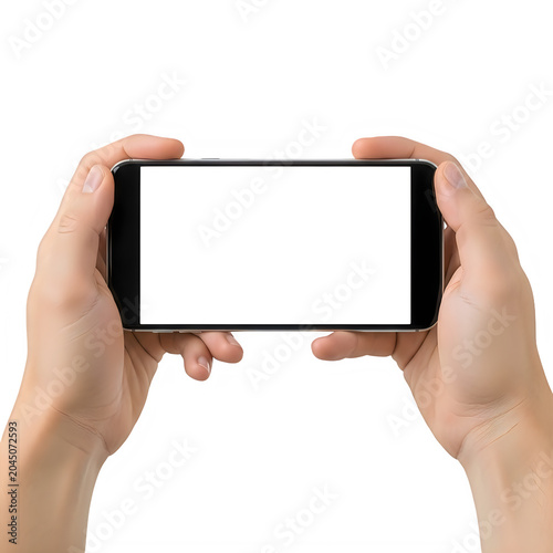 Hands holding smartphone showing game screen isolated on white background