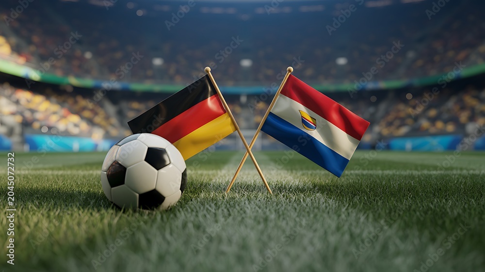 Fototapeta premium Soccer ball on grass with Germany and Paraguay flags in a large professional stadium arena background