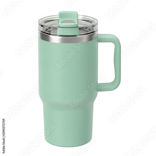 Mint green insulated travel mug with lid and handle isolated on white background