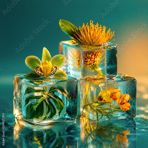 Yellow flowers are frozen inside clear ice cubes on a teal background.
