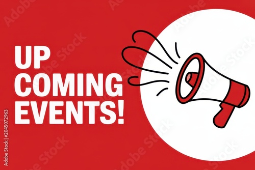 Up coming events announcement banner with megaphone illustration on red background