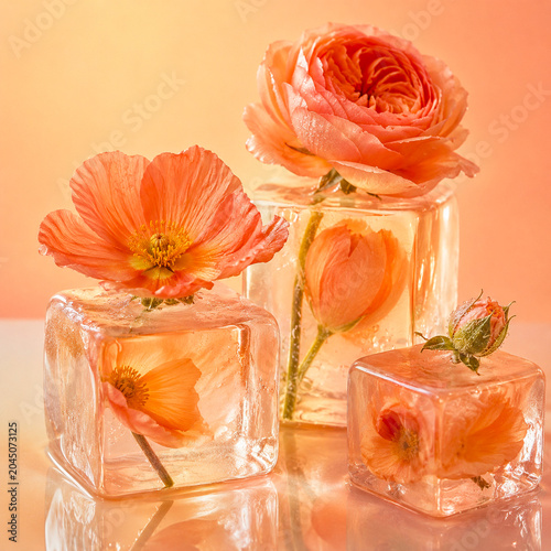 Orange flowers are frozen inside clear ice cubes on a warm peach background.