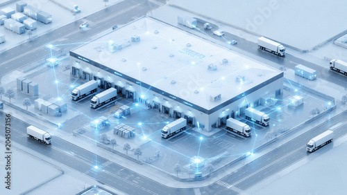 A 3D smart logistics hub with trucks and glowing digital connections.