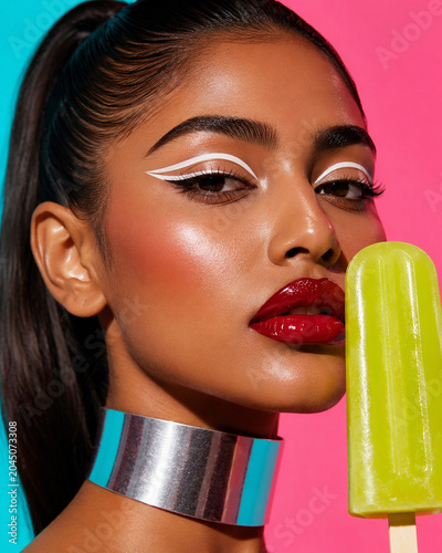 A glamorous woman with bold makeup holds a green popsicle against a colorful background.
