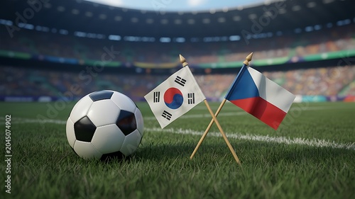 Soccer ball on green grass with South Korea and Czech Republic flags in a large professional stadium