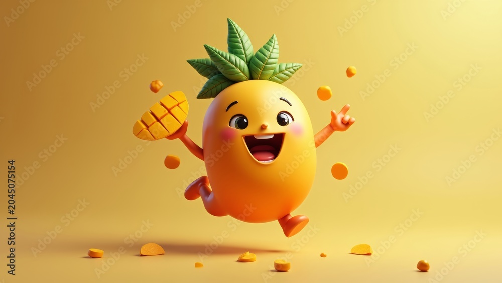 Obraz premium Cartoon character of a cheerful orange fruit with green leaves holding a slice of mango, surrounded by small fruit pieces on a bright yellow background