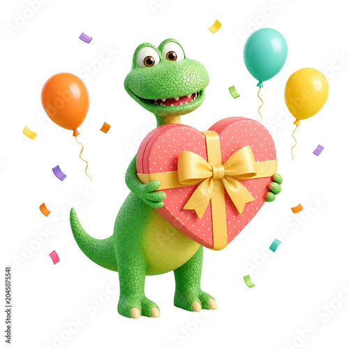 A cute 3D dinosaur holds a heart-shaped gift with balloons and confetti.