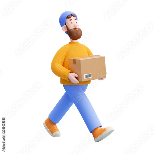 A 3D delivery man carries a cardboard box on a white background.