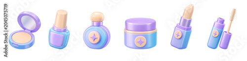 A pastel 3D set of beauty cosmetics icons on a white background.