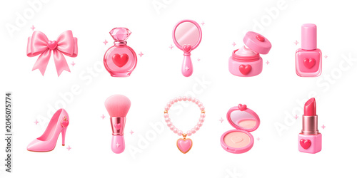 A set of pink 3D beauty and fashion icons on a white background.