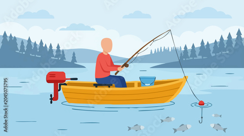 Illustration of a man fishing from a boat on a serene lake with forest background