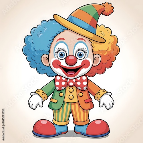 A colorful cartoon clown wearing a striped hat and oversized shoes happily poses in a studio