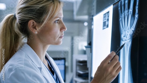 Female Doctor Analyzing Patient Hand X-ray in Hospital Clinic