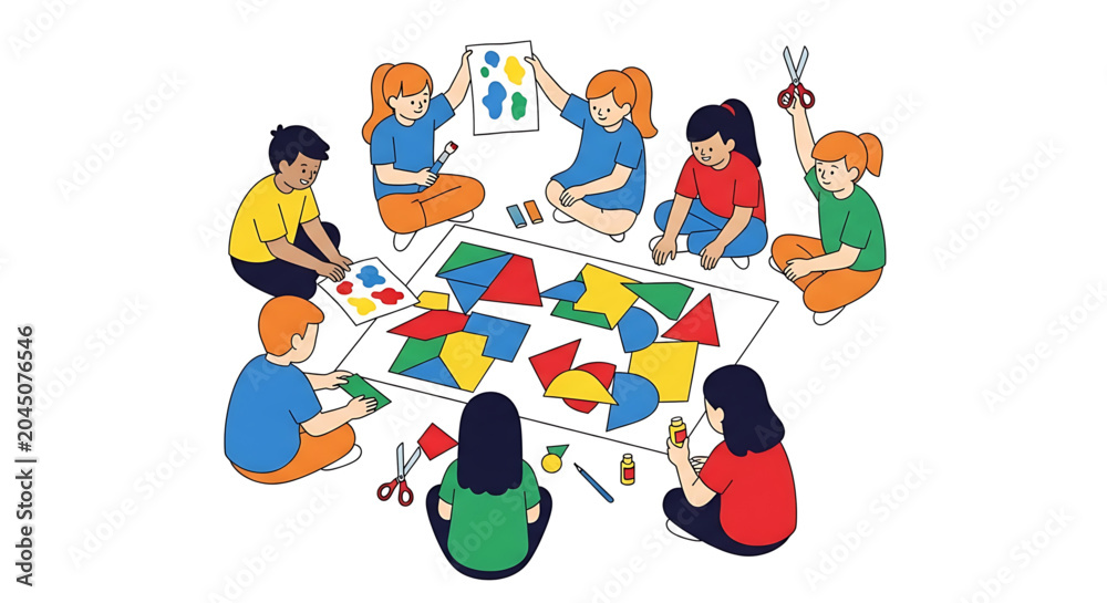 Naklejka premium A group of children and adults engaged in a creative activity with colorful geometric shapes on a large piece of paper