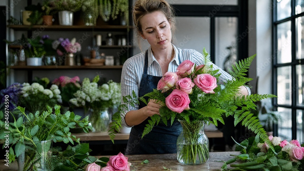 Fototapeta premium Professional Female Florist Arranging Beautiful Pink Roses Bouquet in Flower Shop