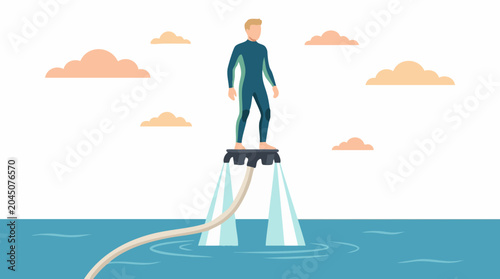 Foto Man flyboarding over water, extreme water sport activity, flat illustration