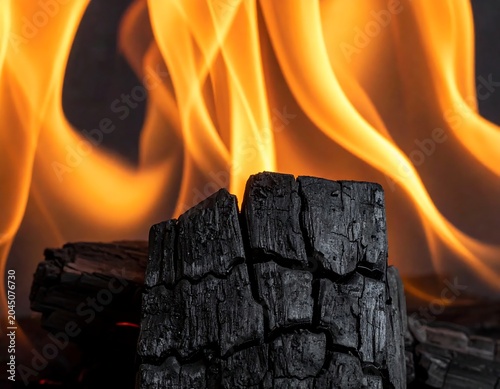 Glowing Orange Flames Rising Behind Charred Wood Log in Dark Fireplace