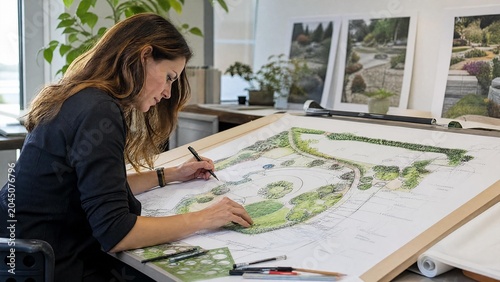 Female Landscape Architect Sketching Garden Design Plan in Studio