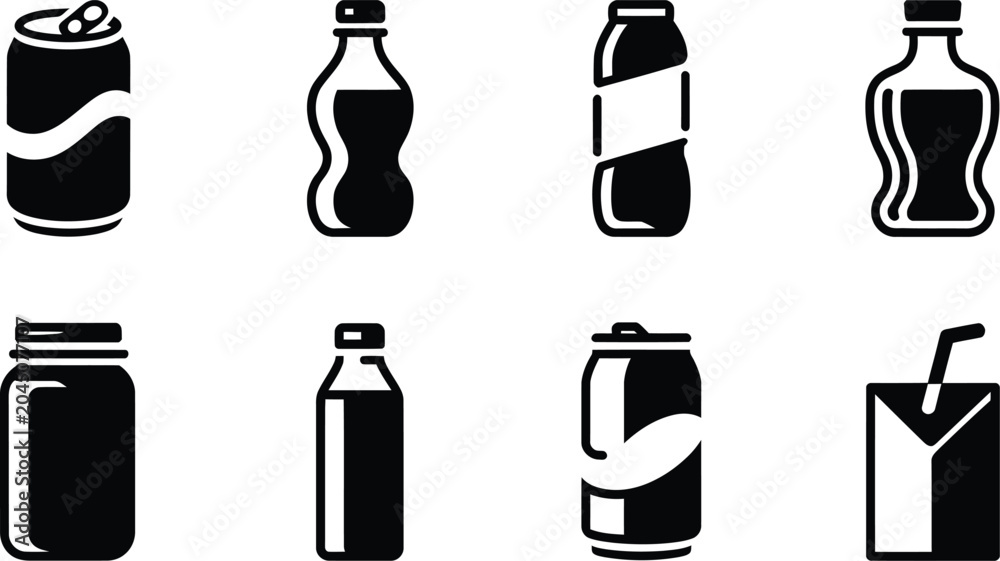 Fototapeta premium Collection of Beverage Bottle Can Silhouette Vector Icons