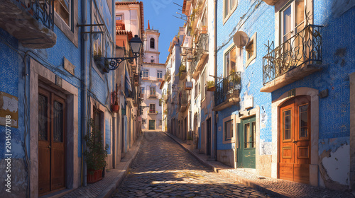 Narrow Portuguese cobblestone street lined with blue and white azulejo-tiled facades and wrought-iron balconies bathed in warm late afternoon light