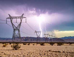 Dramatic lightning strike illuminates a line of highvoltage power towers across a vast, cracked desert landscape, symbolizing the raw power of nature and human energy grid infrastructure.