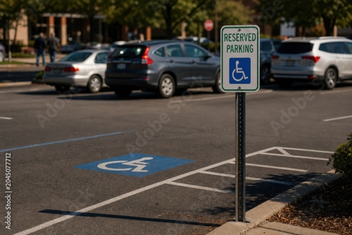 Handicap reserved parking sign and blue wheelchair symbol painted on the asphalt of a public parking lot with various cars parked in the distance under bright daylight