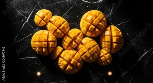 Several segments of ripe yellow fruit are artfully arranged on a dark, veined surface under dramatic lighting.