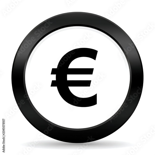 Black Euro Currency Symbol Centered Inside Glossy Circular Icon on Gray Background