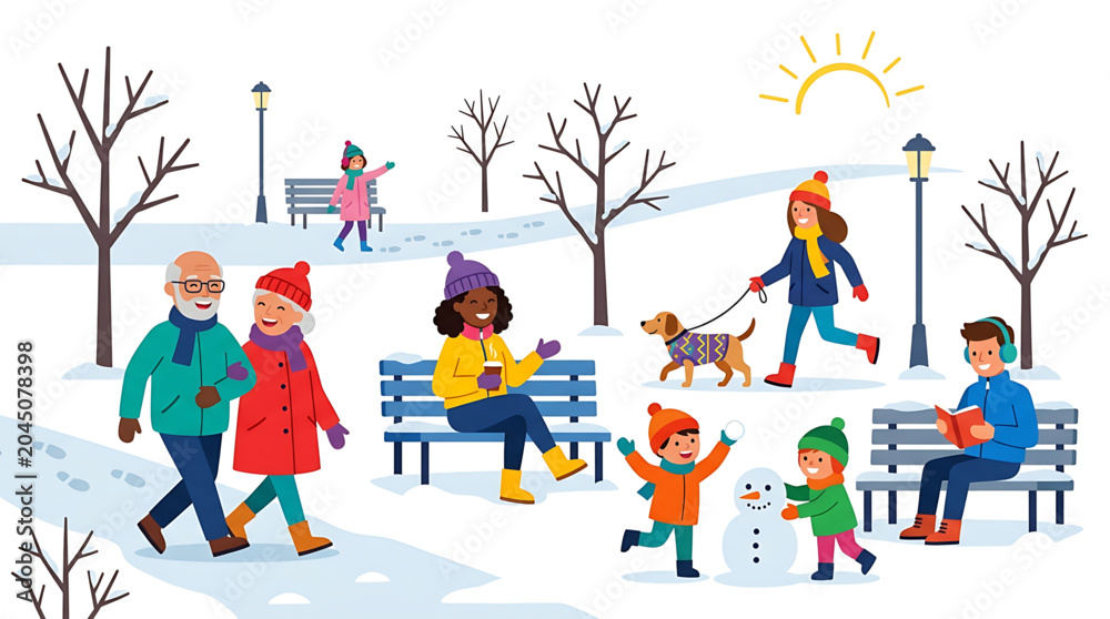 Fototapeta premium A vibrant winter scene of people enjoying a snowy day in a park with bare trees and sunny weather